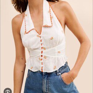Free People May Embroidered Halter Button Front Peplum Tie Back Tank Top